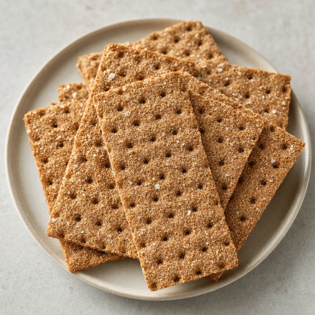 Several thin, rectangular rye crispbreads with rough, coarse-grained surfaces, small perforations, and uneven golden-brown edges are arranged on a plate.