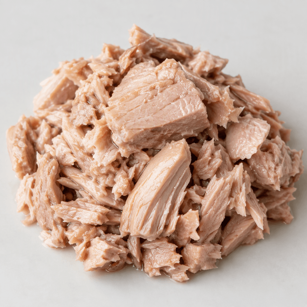 Pale pinkish-beige tuna flakes and compact chunks with a slight oil sheen are loosely piled together.