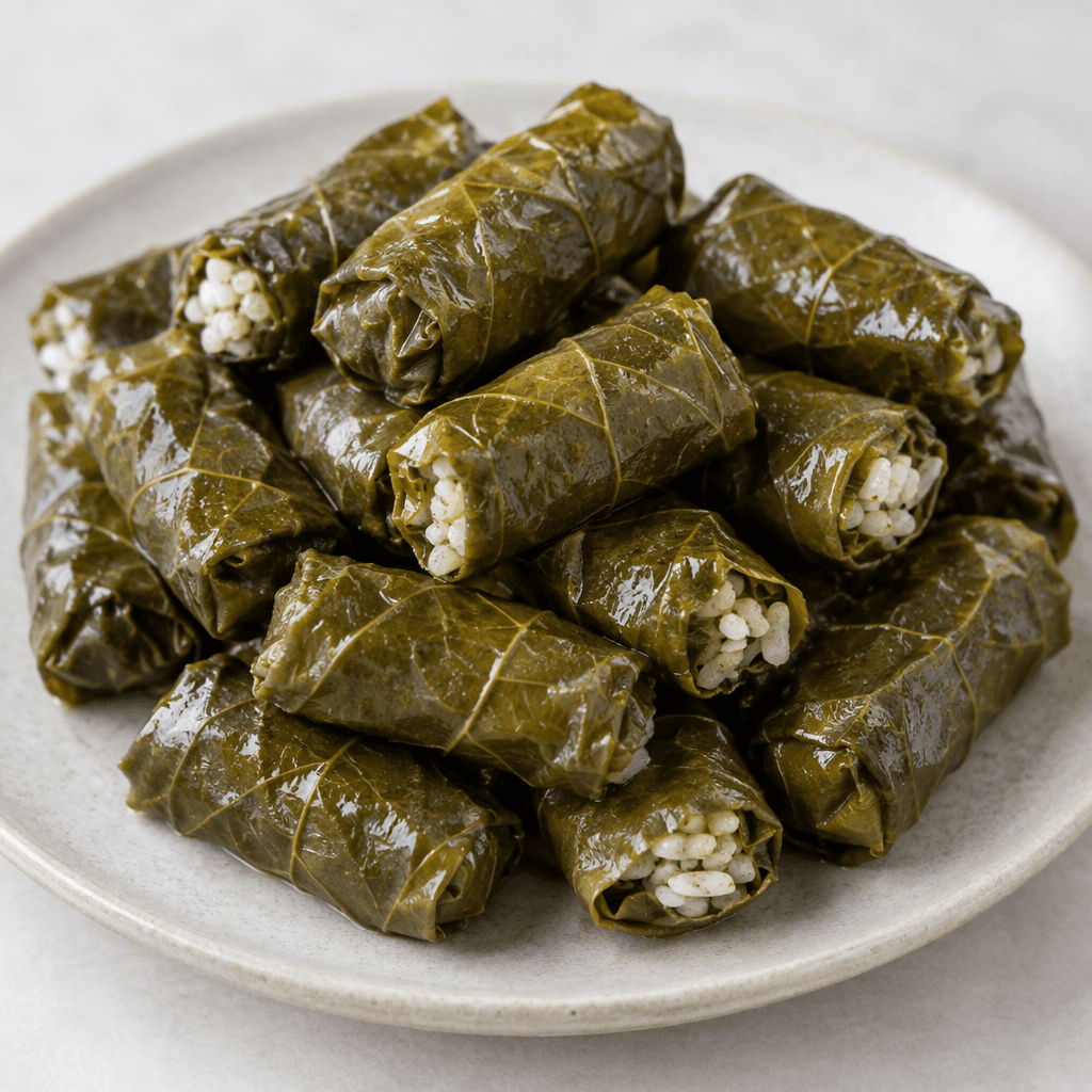 Small, tightly rolled cylinders of olive-green grape leaves, with faint veins and neatly tucked ends, are arranged closely together, with pale rice filling visible at a few open ends.