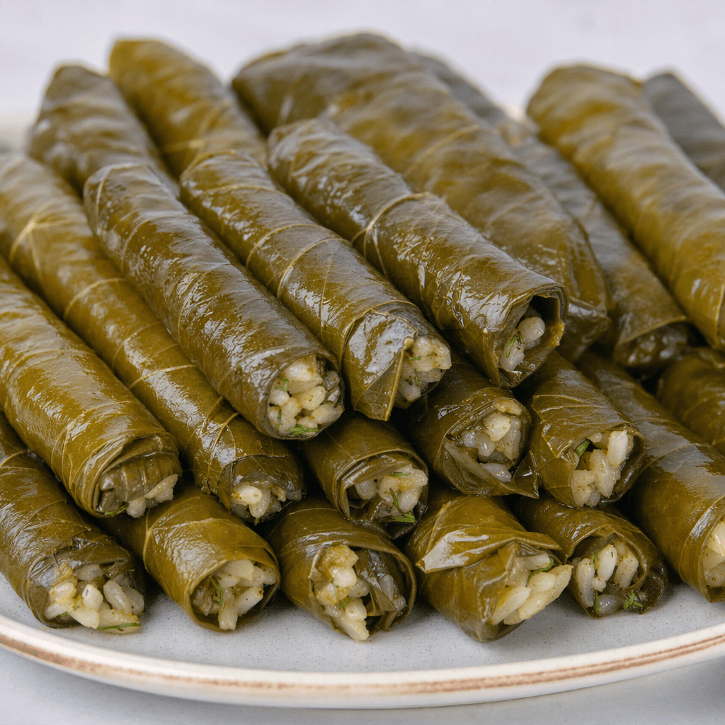 Small, tightly rolled vine leaves form neat dark olive-green cylinders with a slight sheen, with pale rice and flecks of herbs visible at the ends, arranged closely on a plate.