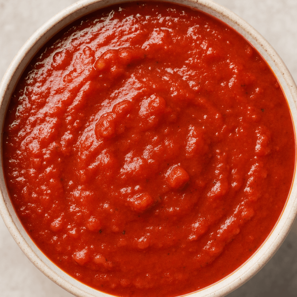 A thick, glossy red tomato sauce with a smooth texture and occasional tiny tomato pieces, served in a small bowl.