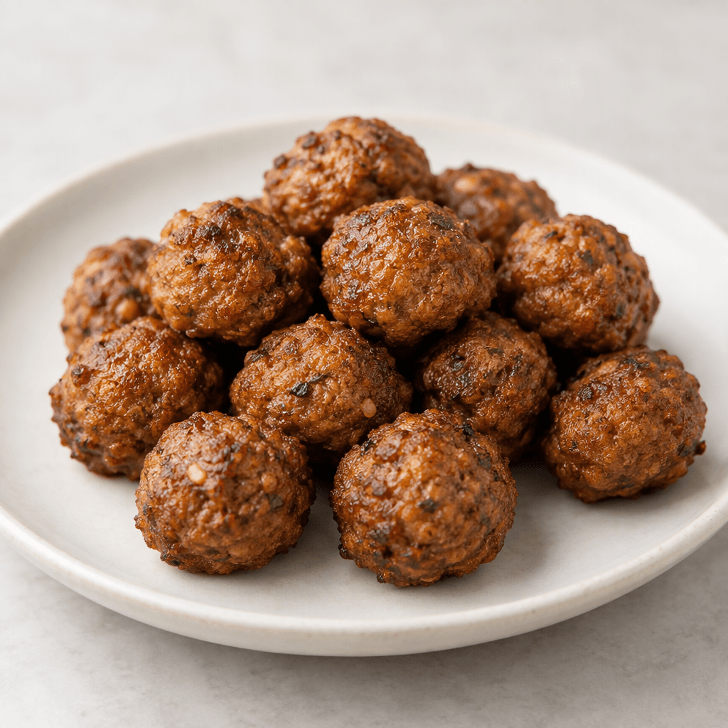 Several small, round plant-based meatballs with an irregular, lightly craggy surface and an even deep golden-brown exterior are arranged on a plain plate.
