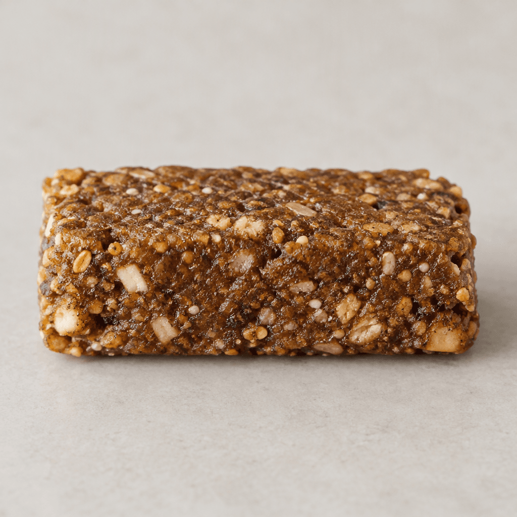 A compact, oblong rectangular bar with a dense, slightly rough brown surface, visible flecks of nuts or seeds, and gently uneven edges, served whole on a plain surface.