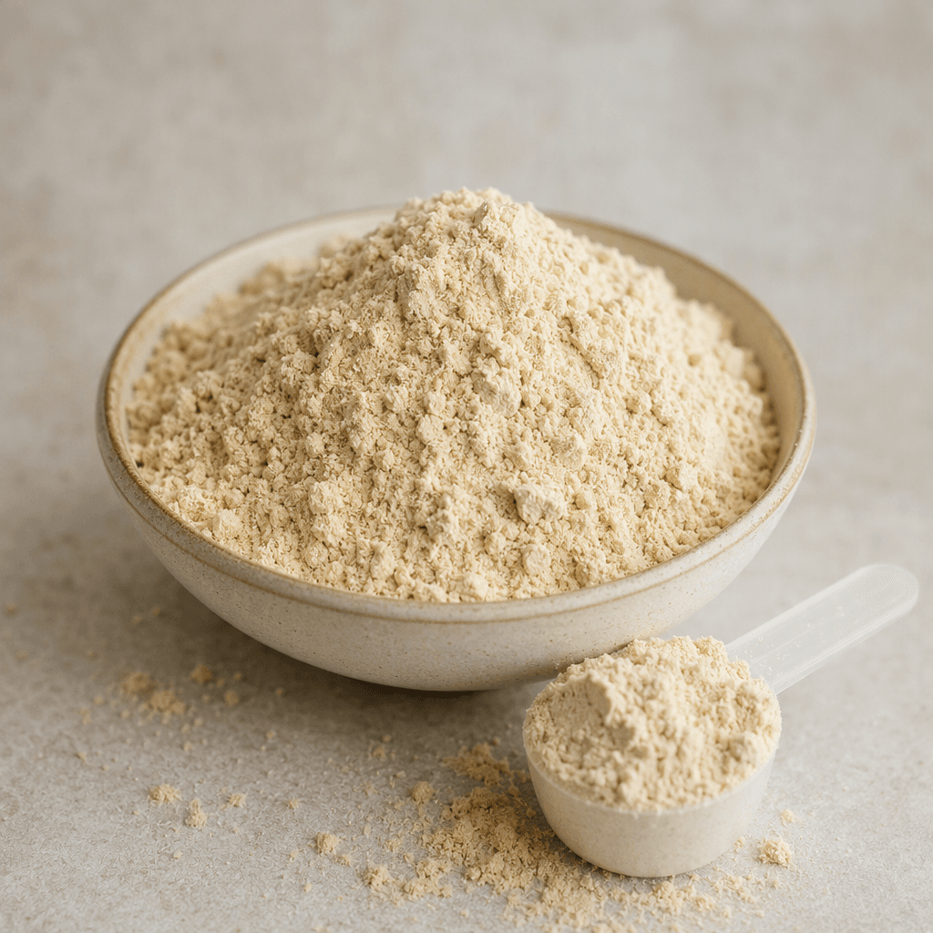 A loose mound of finely milled pale beige vegan protein powder sits in a small bowl, with a slightly uneven, powdery surface and a scoopful placed beside it.