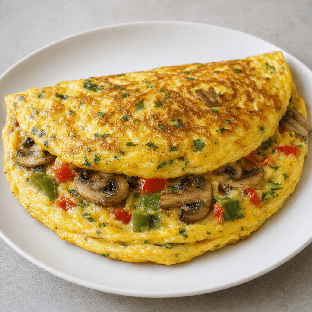 A thick, folded golden-yellow omelette with visible slices of brown mushroom, red and green bell pepper, and finely chopped herbs, served on a white plate with a lightly browned, set surface and soft, layered edges.