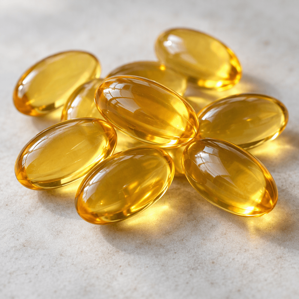 Several smooth, translucent golden-amber oval softgel capsules with glossy surfaces are scattered loosely together.