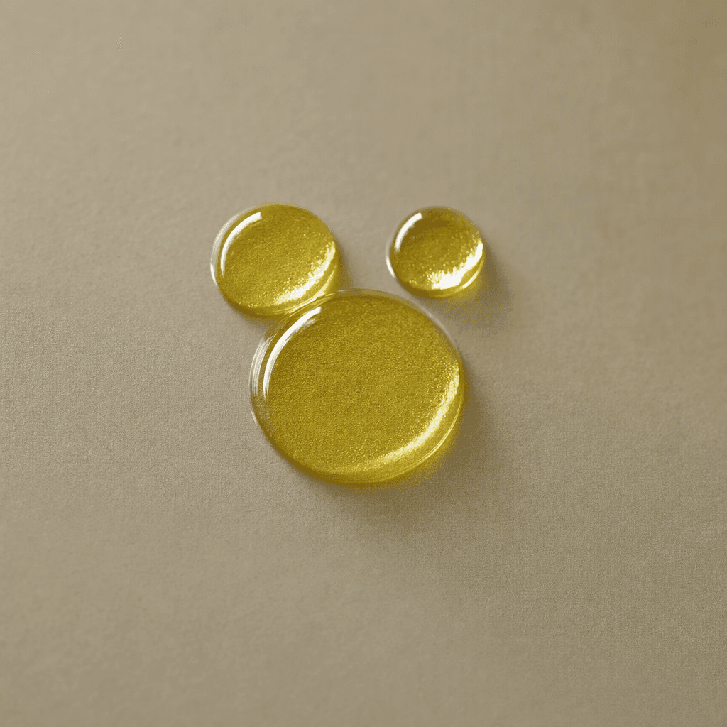 A few small, clear golden-yellow oil droplets sit together on a plain surface, glossy and slightly viscous.