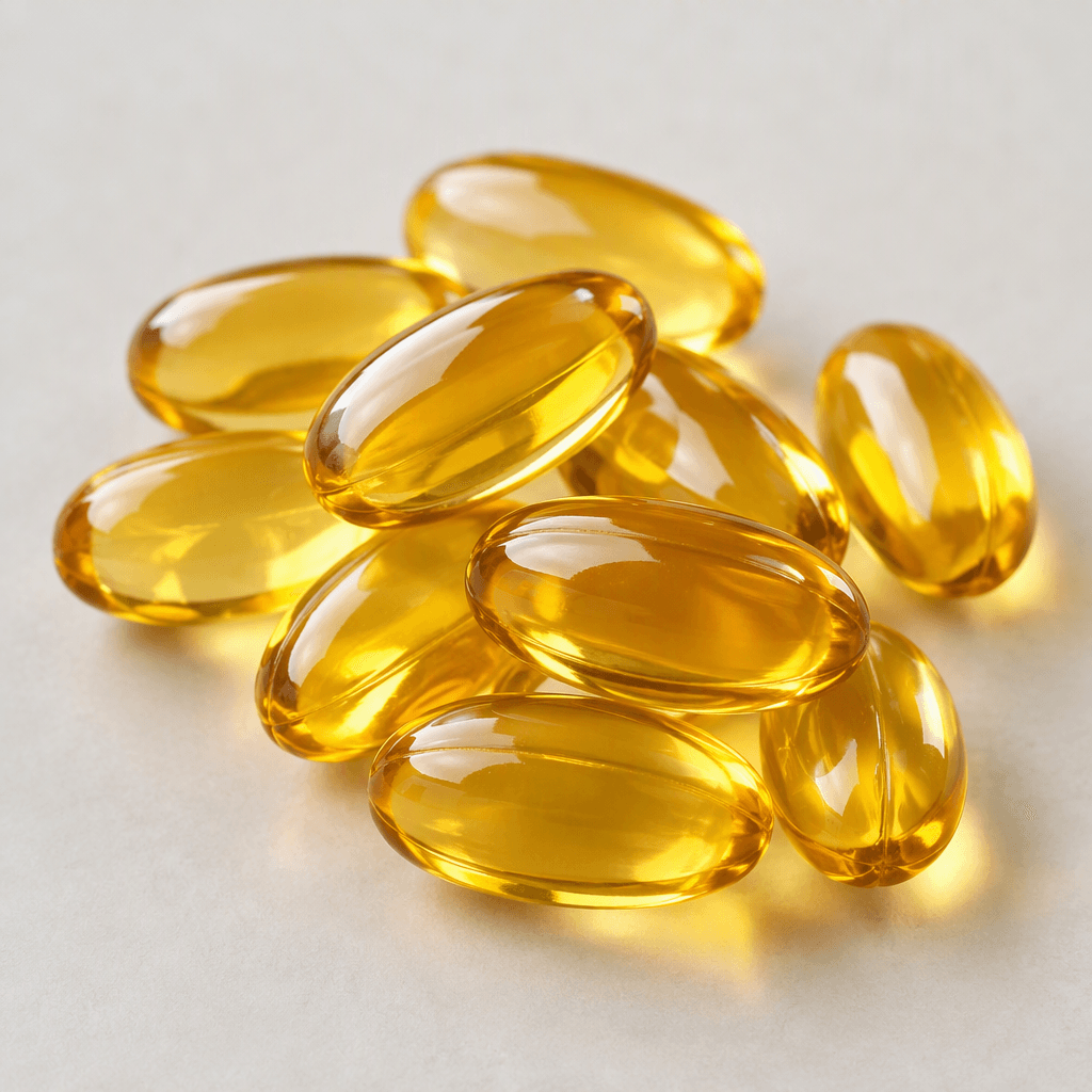 Several smooth, translucent golden-amber oval softgel capsules are arranged together, their glossy surfaces catching the light.