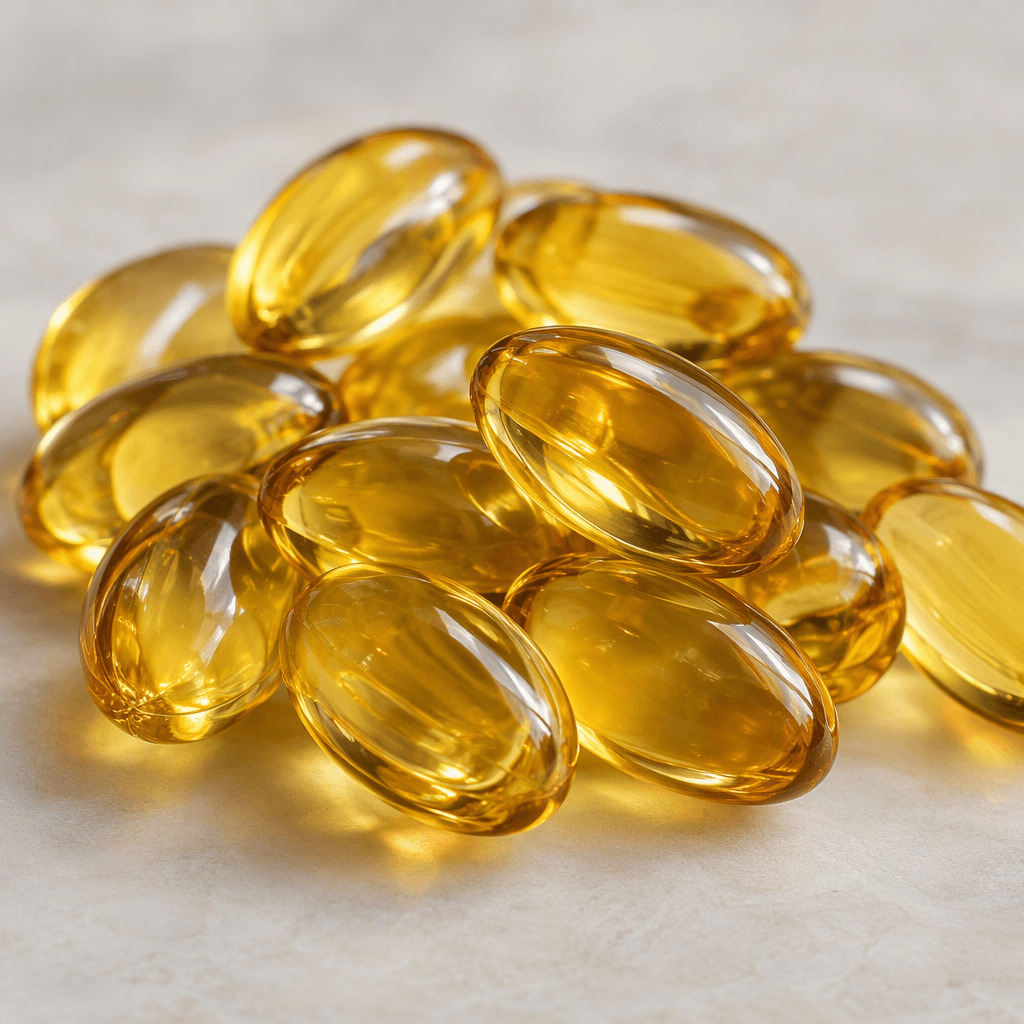 Glossy, translucent golden-amber oval softgel capsules are arranged on a plain surface.