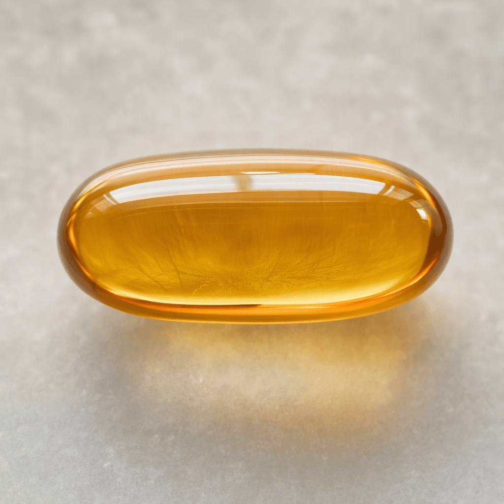 A smooth, glossy, oblong softgel capsule with a translucent amber-gold surface.