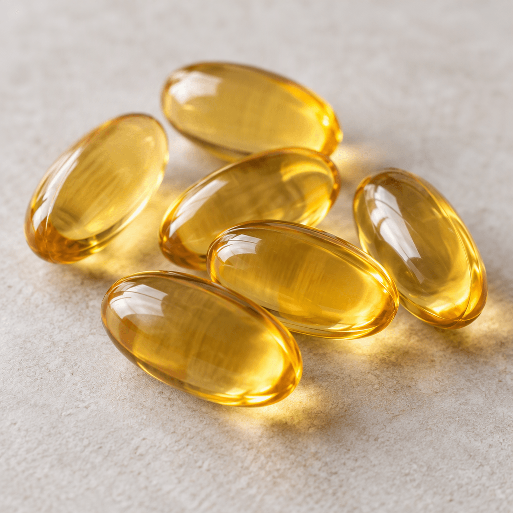 Several smooth, translucent golden-amber oval softgel capsules lie loosely arranged on a plain surface.