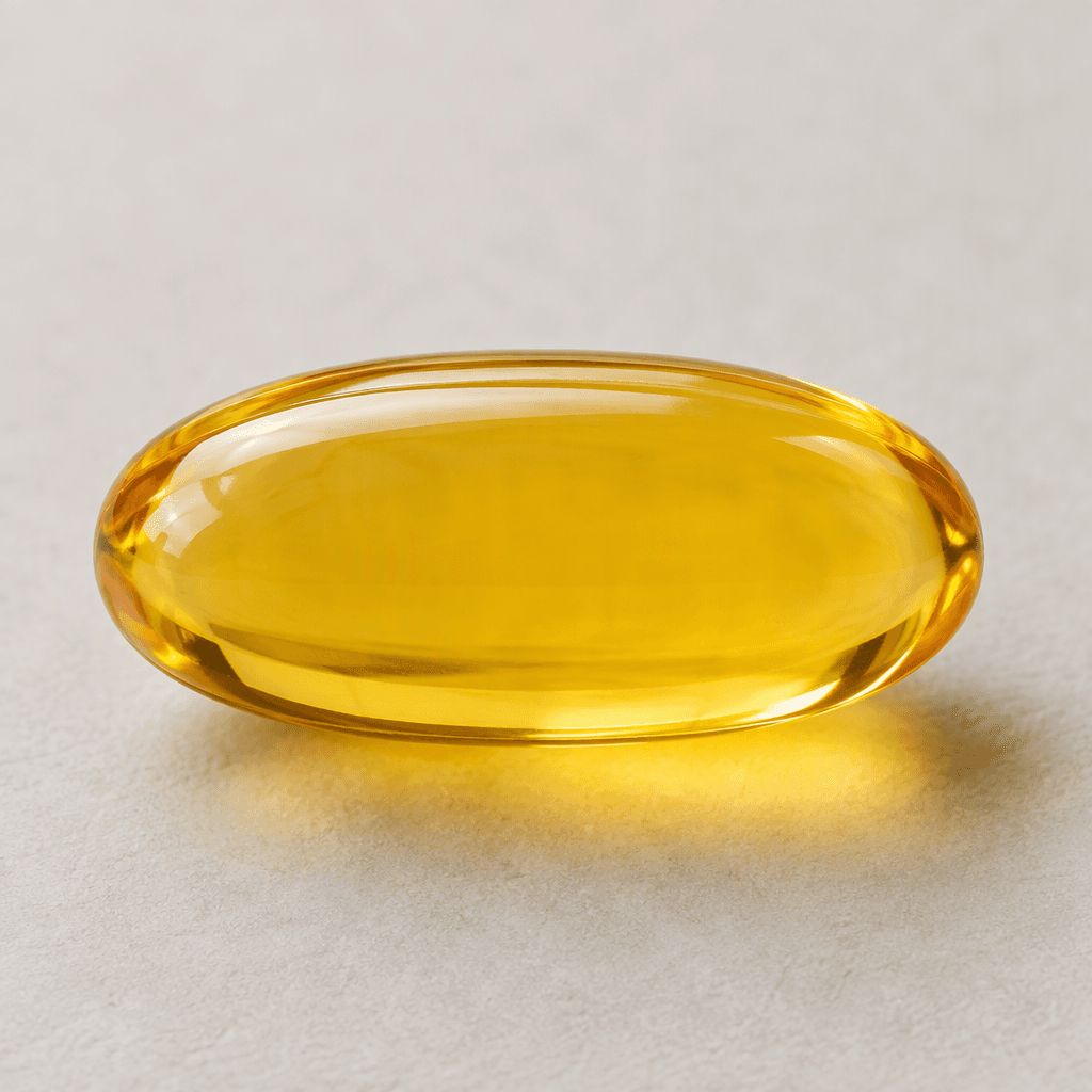 A single smooth, glossy, translucent golden-amber oval capsule with rounded ends.