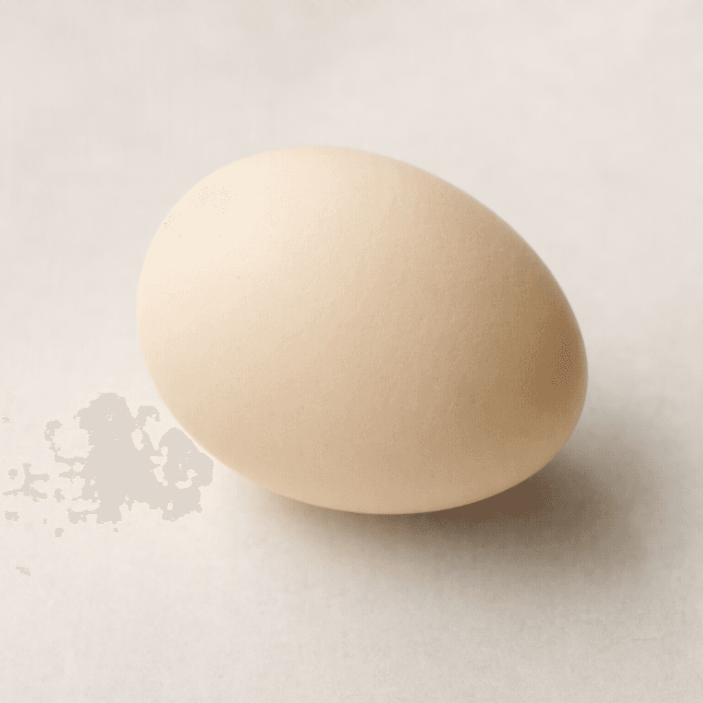 A smooth, oval egg with a pale cream shell and a gently tapered end rests on a plain surface.
