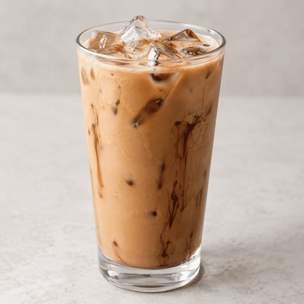 A tall clear glass holds a chilled, creamy light-brown coffee drink with visible ice cubes and faint darker mocha streaks.