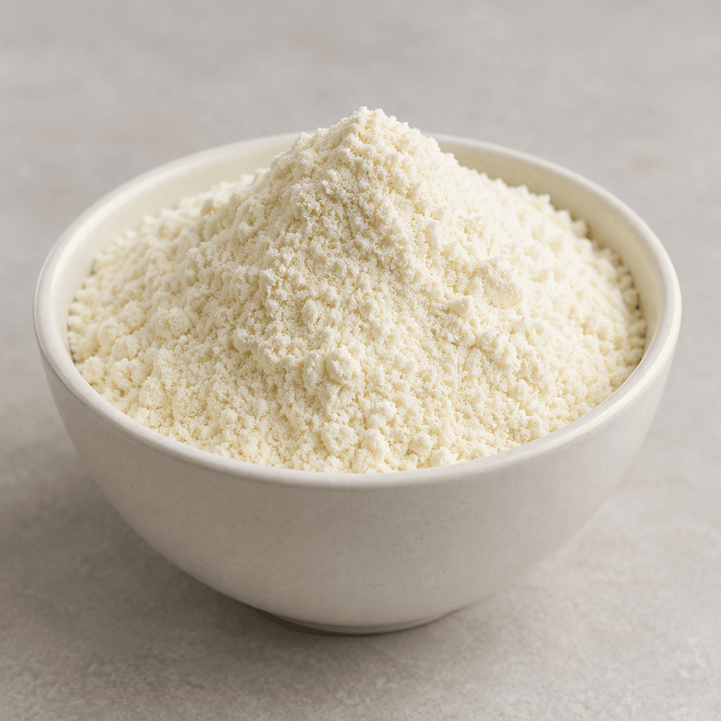 A small mound of fine, pale ivory coffee creamer powder with a soft, slightly granular texture sits in a simple bowl.