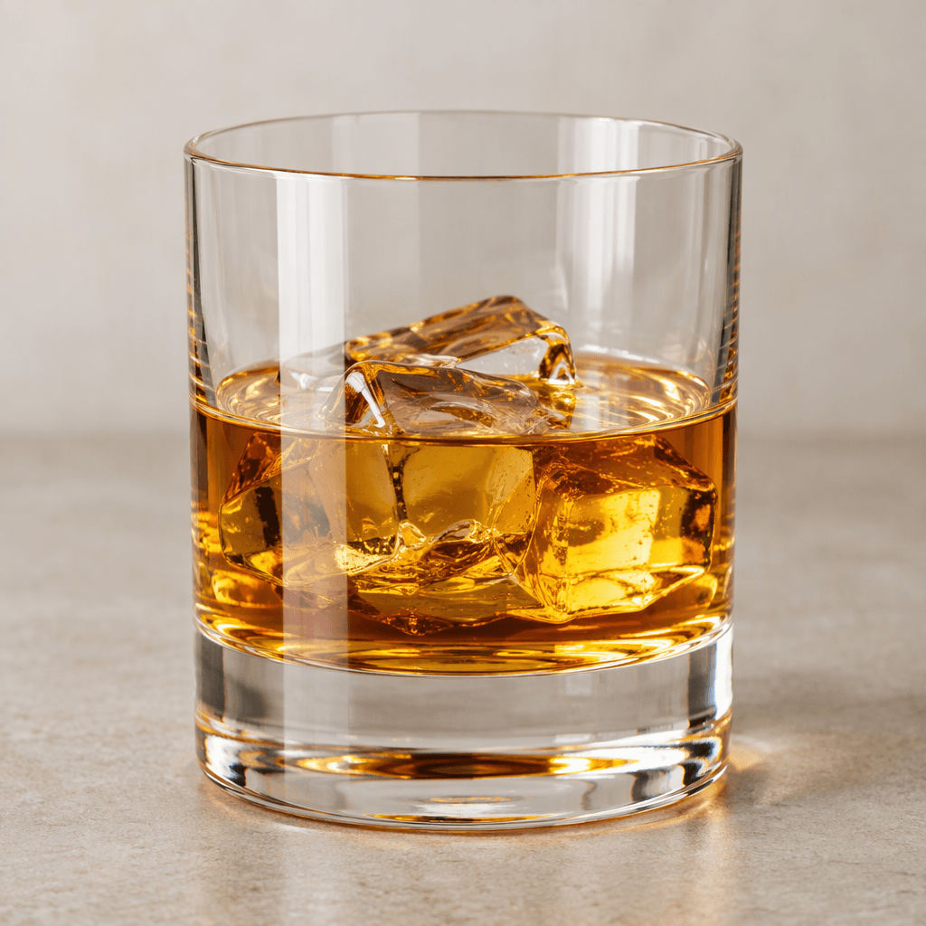 Clear amber-gold whisky fills a short, heavy-bottomed glass, with warm brown highlights and a smooth, transparent surface.
