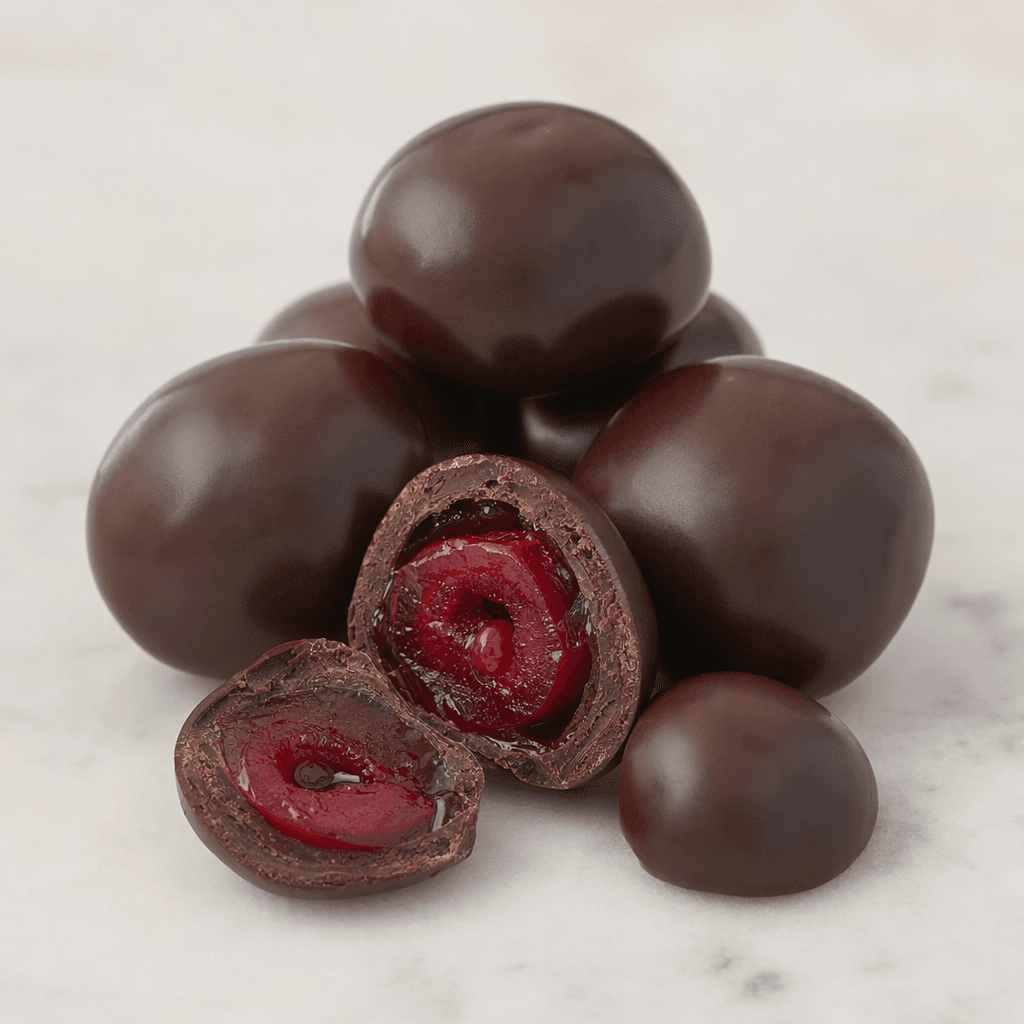 Glossy, dark-brown chocolate-coated candies with a smooth, rounded shape, one cut open to reveal a red cherry filling inside.