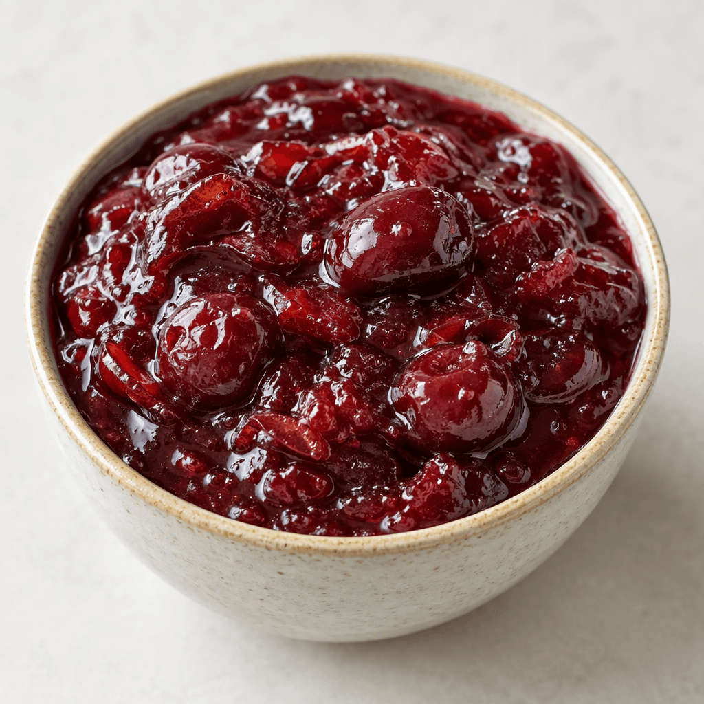 A glossy, thick deep ruby-red jam with visible whole and broken sour-cherry pieces, served in a small bowl with a softly mounded surface and occasional fruit skins.