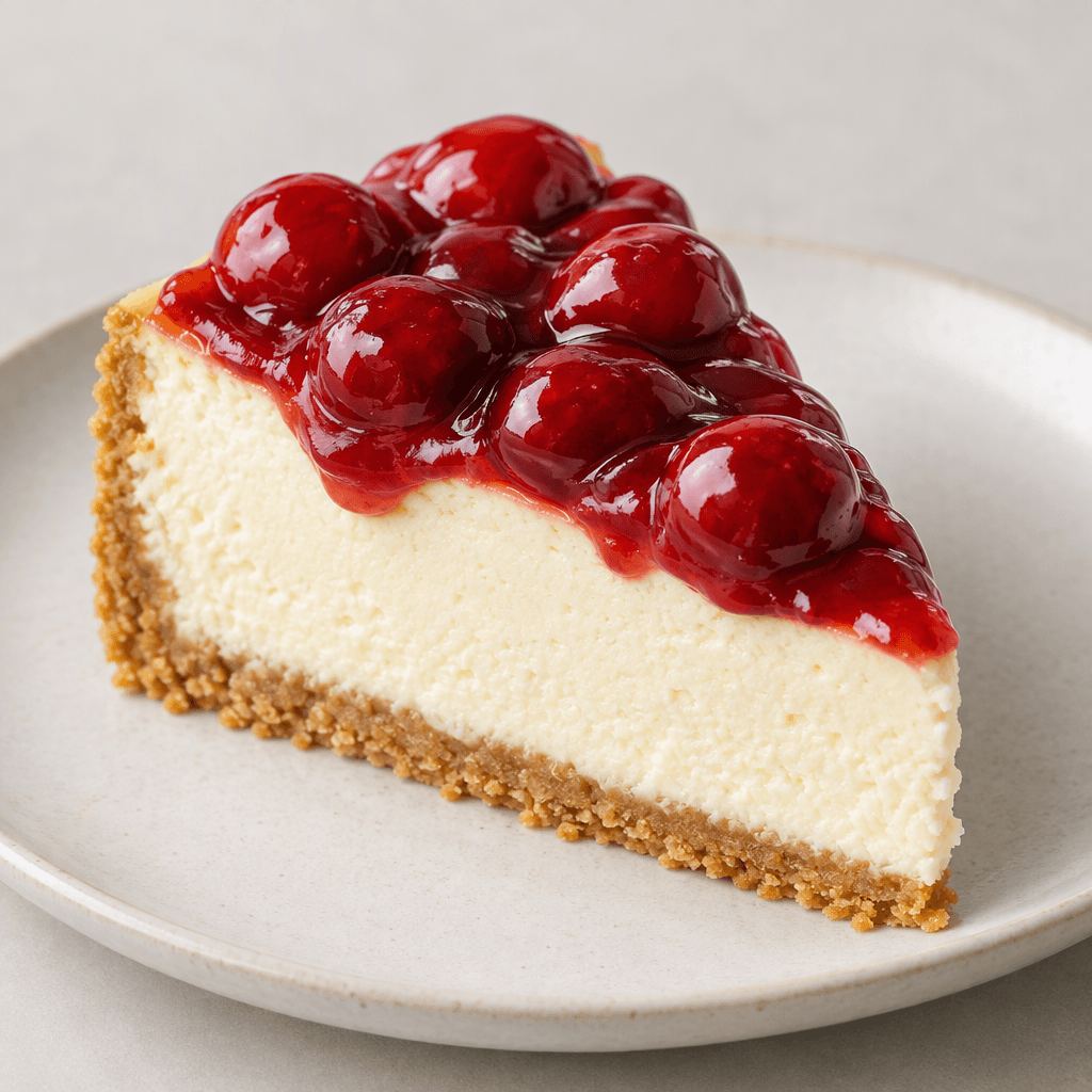 A triangular slice of cheesecake sits on a plate, with a crumbly golden-brown crust, a thick smooth ivory-colored filling, and glossy red cherries with translucent cherry sauce spread across the top.