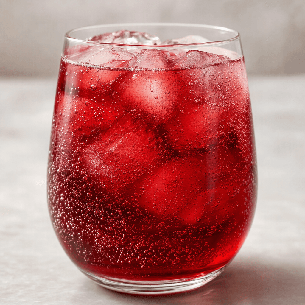 A clear glass of deep ruby-red sour cherry soda, translucent with fine bubbles rising through the drink and ice cubes visible inside.
