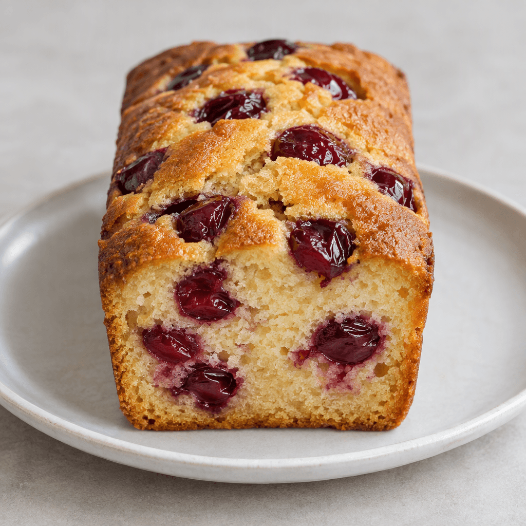 A small rectangular loaf cake with a golden-brown top and moist pale crumb, dotted with glossy deep-red sour cherries and served on a plate.