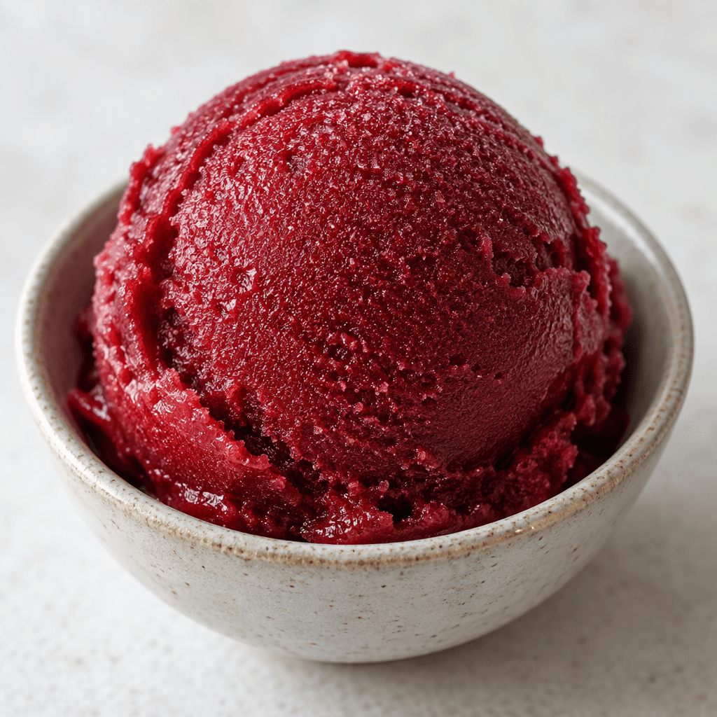 A rounded scoop of deep ruby-red sour cherry sorbet sits in a small bowl, with a smooth surface and fine icy crystals.
