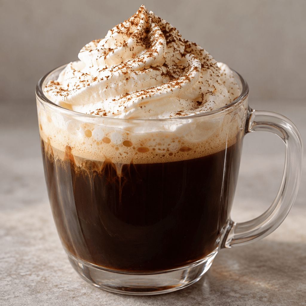 Dark coffee is served in a clear glass cup beneath a thick, softly ridged swirl of white whipped cream, lightly dusted with cocoa.