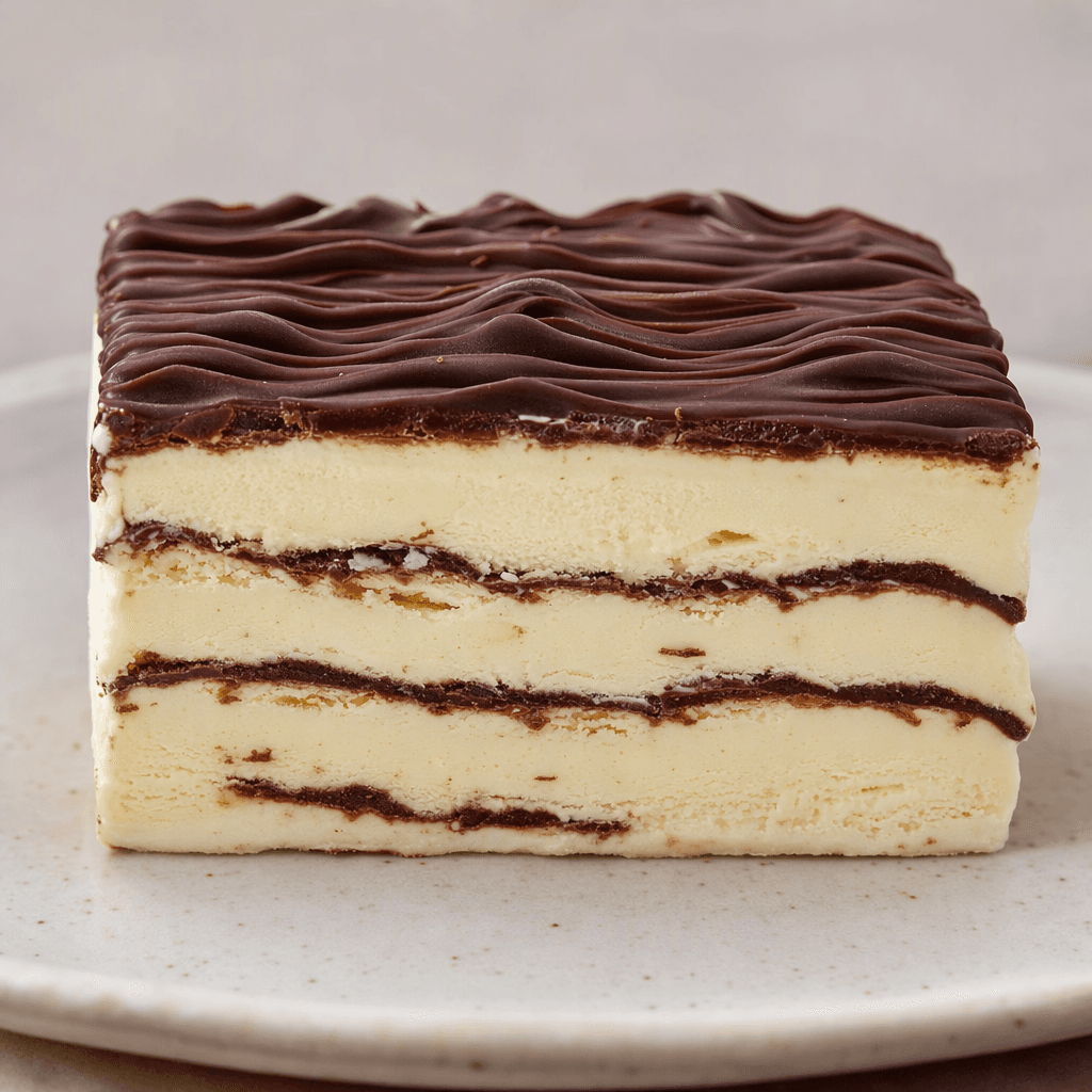 A rectangular vanilla ice cream bar with thin, rippled dark chocolate layers folded between pale cream-colored ice cream, topped with delicate wavy chocolate ridges and served in a slice.