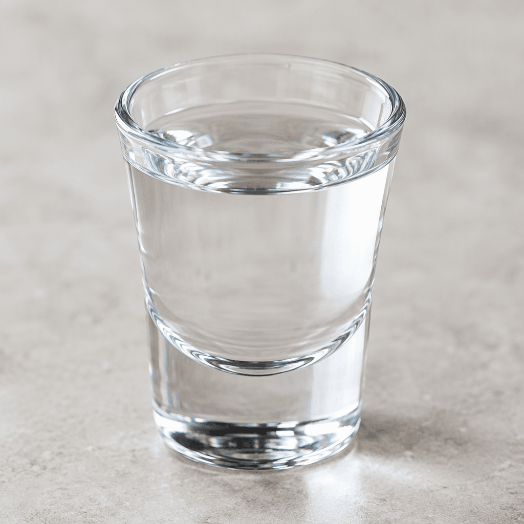 A clear, colorless liquid with a watery appearance fills a small transparent shot glass, showing bright reflections along the rim and surface.