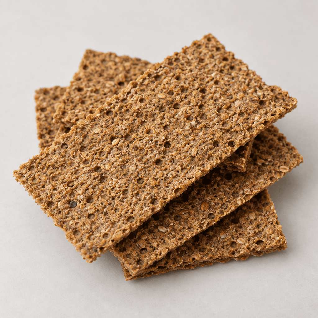 Thin, rectangular rye crispbreads with a warm tan-brown colour, rough porous surfaces, slightly irregular edges and visible small grain flecks, arranged overlapping on a plain surface.