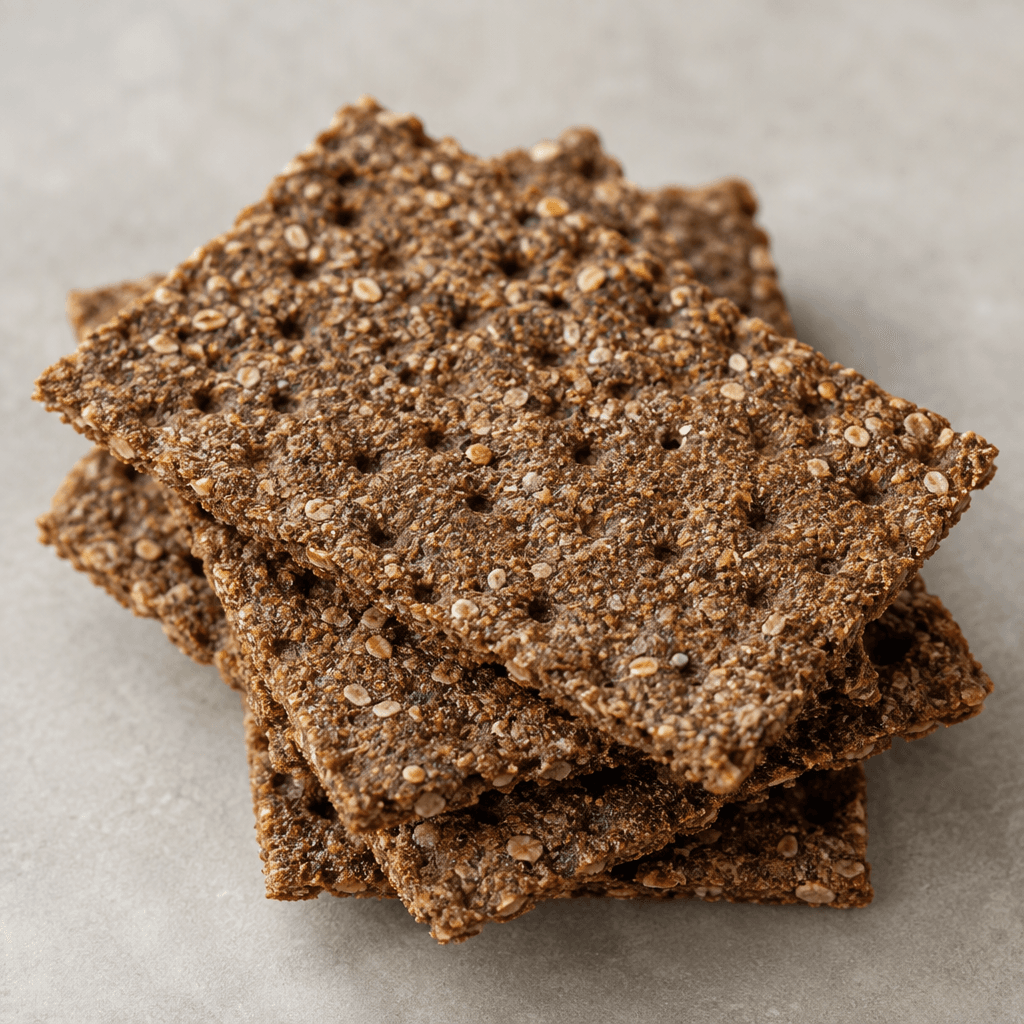 Thin, rectangular, dark brown crispbread with a dry, rough whole-grain surface and an irregular scattering of small holes, served in overlapping pieces.