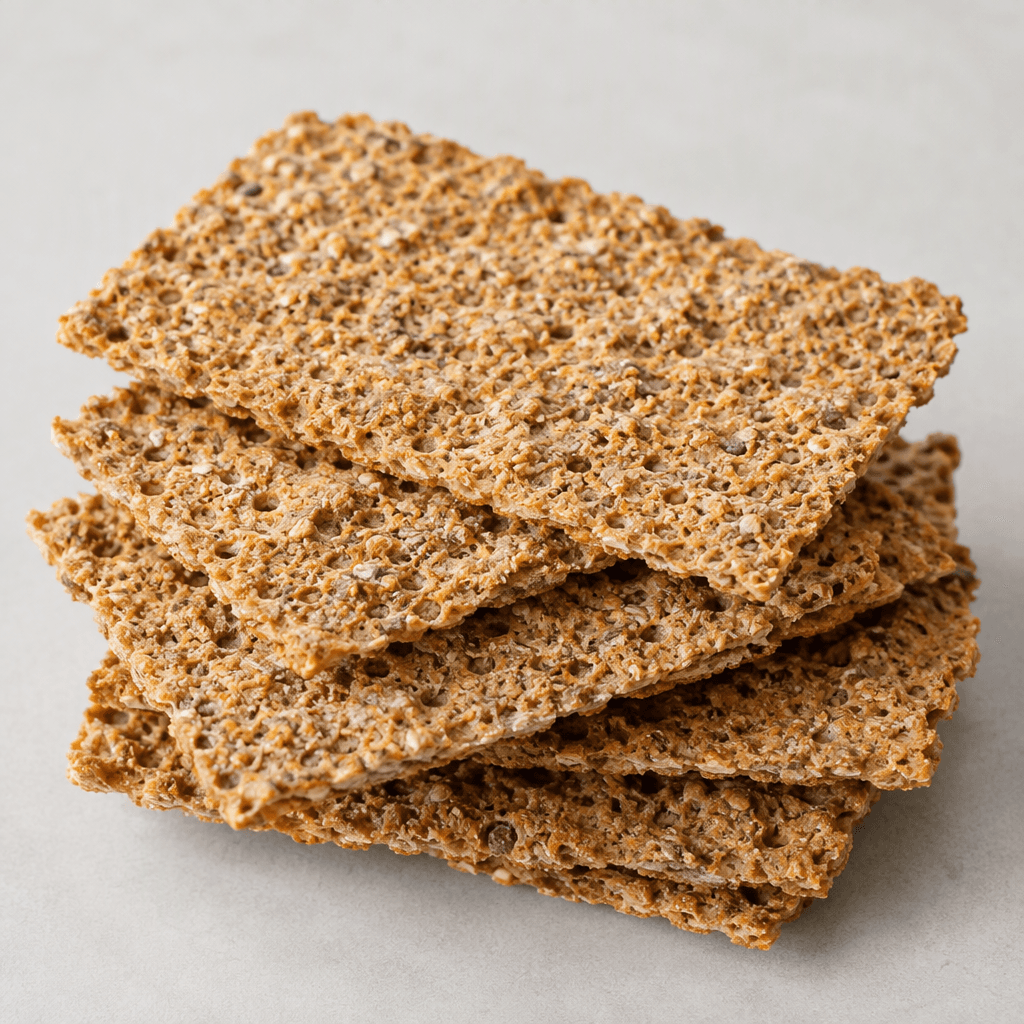 Thin, rectangular, golden-brown crispbread with a coarse, porous surface, uneven edges, and small visible grain flecks, shown stacked in overlapping pieces.