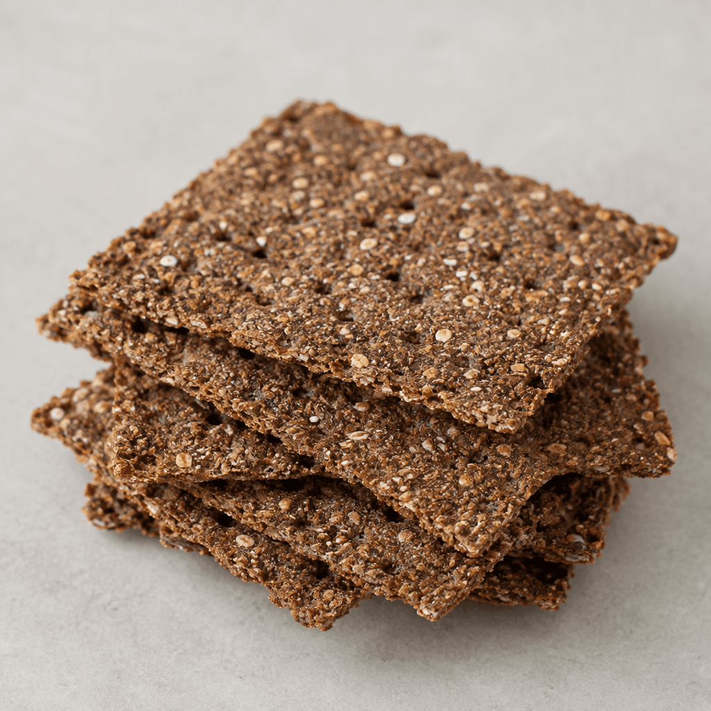 Thin, rectangular dark-brown crispbreads with a coarse, grainy surface, irregular small holes, and slightly uneven edges, arranged in a short overlapping stack.