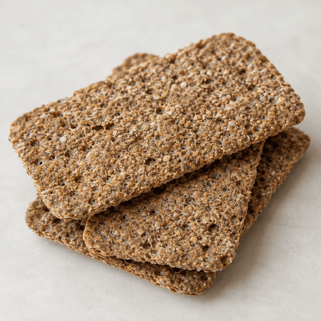 Thin, rectangular rye crispbread with gently rounded corners, a medium brown speckled surface, and a rough, porous texture with small air holes, shown in overlapping pieces.