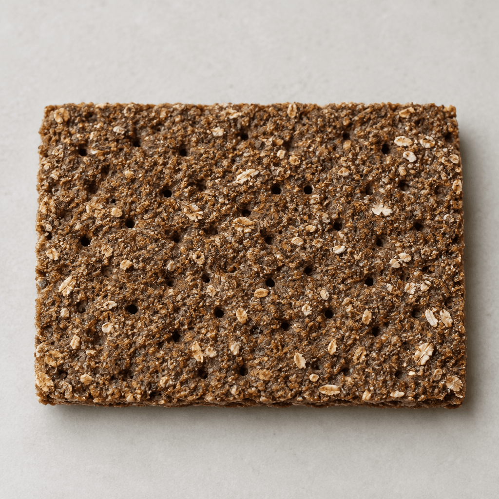 A flat, rectangular dark brown crispbread with a coarse, porous surface, scattered pale whole-grain flecks, and small evenly spaced perforations, served on its own.