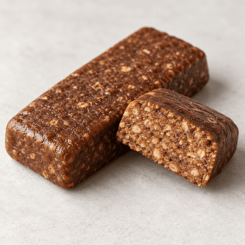 A compact, rectangular protein bar with softly rounded edges and a dense, slightly textured brown surface, shown whole beside a cut piece revealing its lighter brown interior.