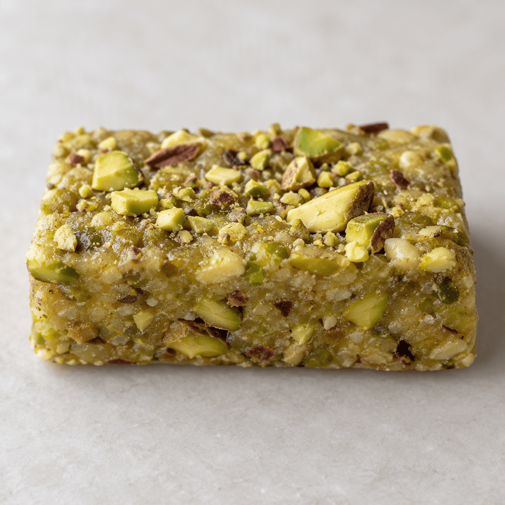 A compact rectangular bar with a slightly uneven beige-green surface, scattered chopped pistachio pieces, and a dense, chewy-looking texture.