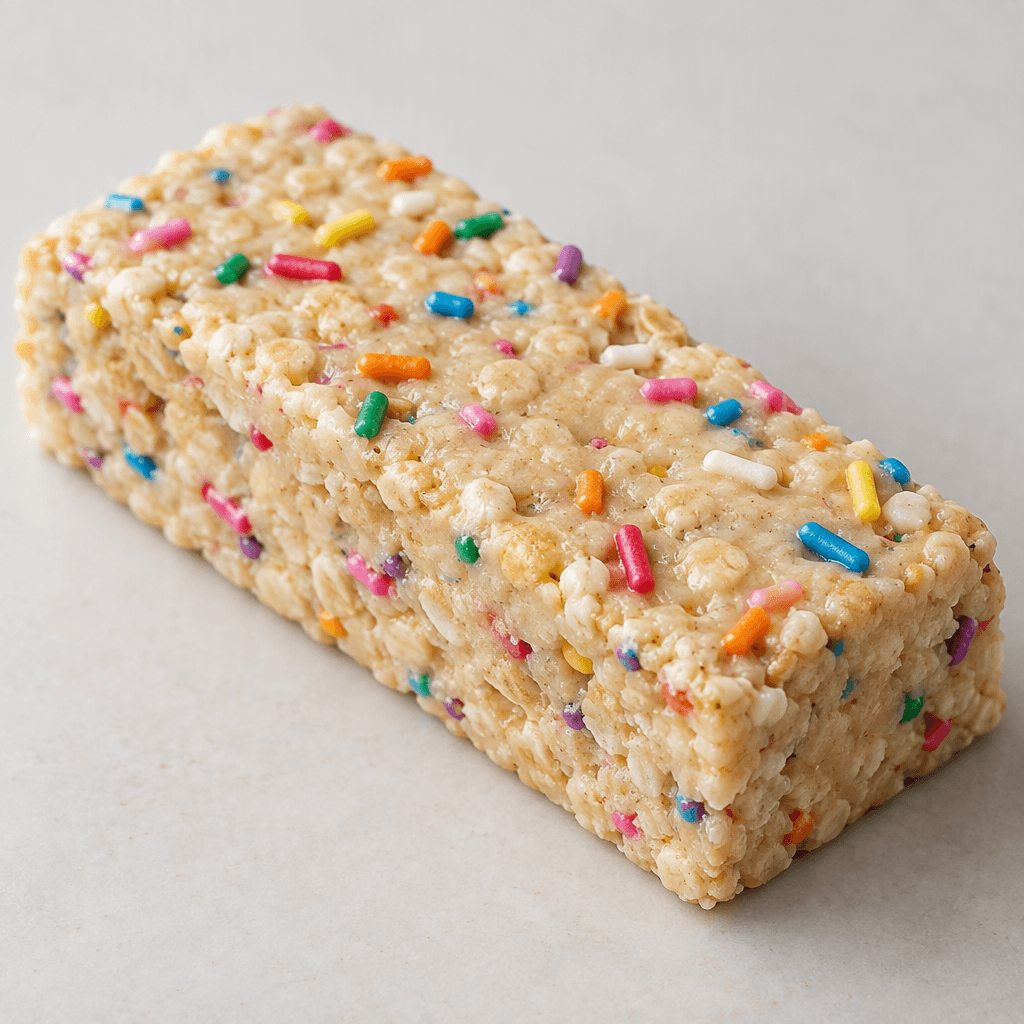 A rectangular, pale cream-colored protein bar with a slightly rough surface and scattered small rainbow-colored sprinkles.