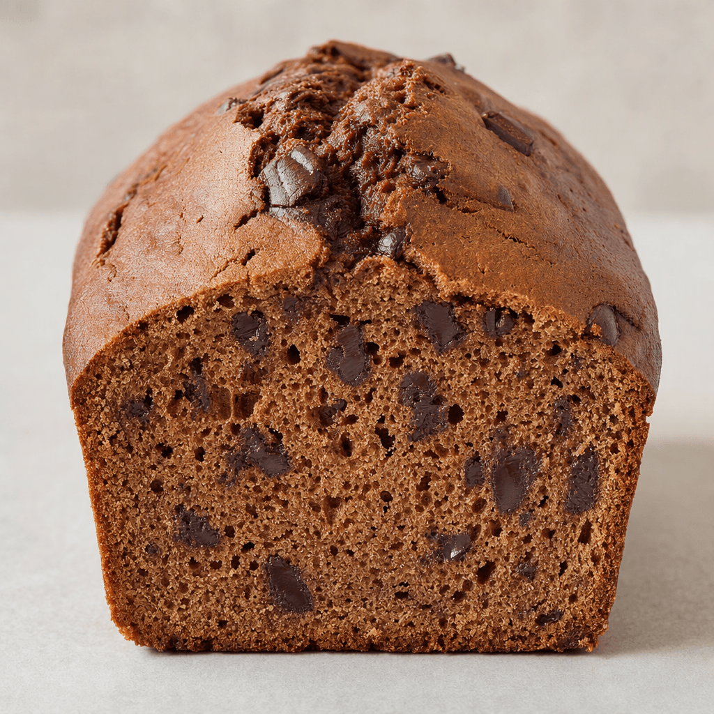 A small brown loaf of chocolate bread, sliced to show a soft, light-brown crumb with visible dark chocolate pieces and a lightly browned crust.