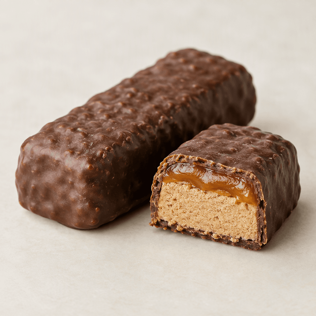 A rectangular chocolate-brown bar with a slightly textured coating, shown whole beside a cut piece that reveals a dense tan center and a glossy caramel-colored layer.