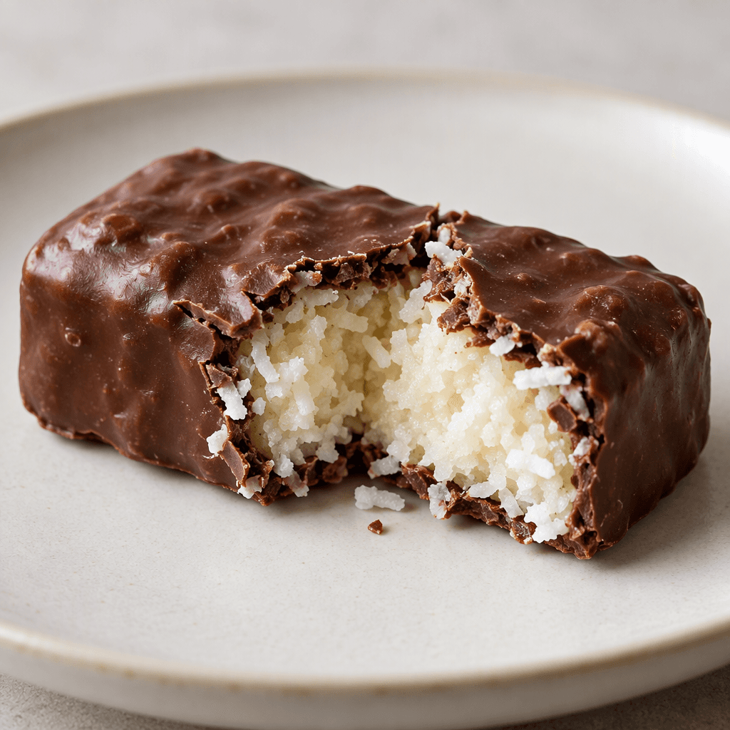 A short, rectangular chocolate-coated bar with a slightly uneven surface, broken edges showing white coconut flakes and a dense, pale filling, served on a plain plate.