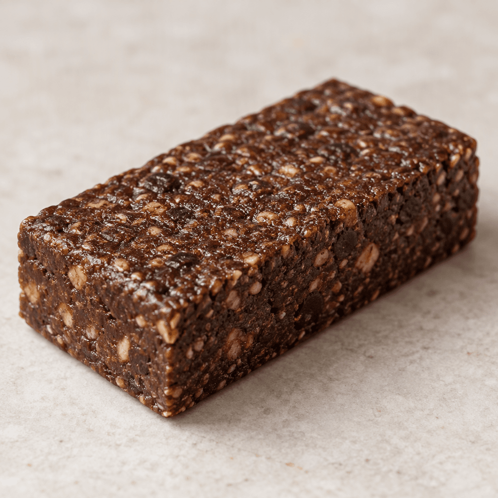A compact, rectangular dark-brown protein bar with a dense, slightly uneven surface and cleanly cut edges.