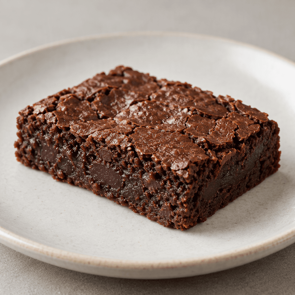 A compact, rectangular chocolate-brown bar with a slightly uneven, cake-like surface and a dense-looking interior, shown on a plain plate.