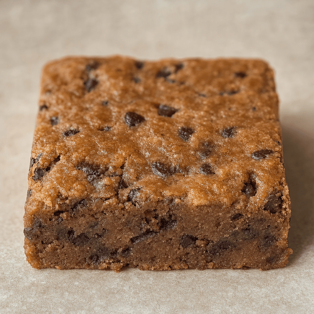 A compact, rectangular tan-brown bar with a slightly uneven, dense-looking surface and small dark chocolate pieces scattered throughout.