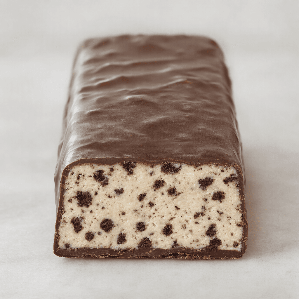 A rectangular protein bar with a dark chocolate-colored coating, its cut face showing a pale cream-colored center dotted with small dark cookie pieces.