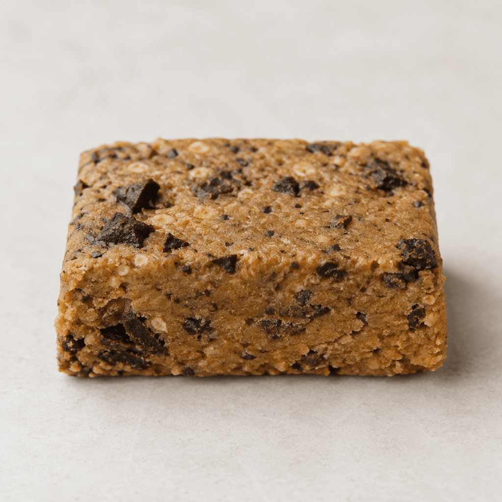 A compact rectangular tan-brown bar with a slightly rough, dense surface and scattered darker cookie pieces, shown on its own.