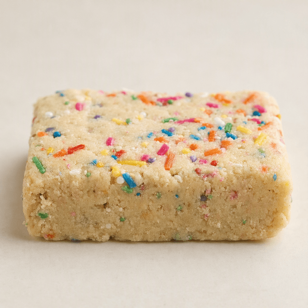 A short, rectangular, pale-cream protein bar with a dense, slightly crumbly surface and small colorful sprinkles scattered across the top.