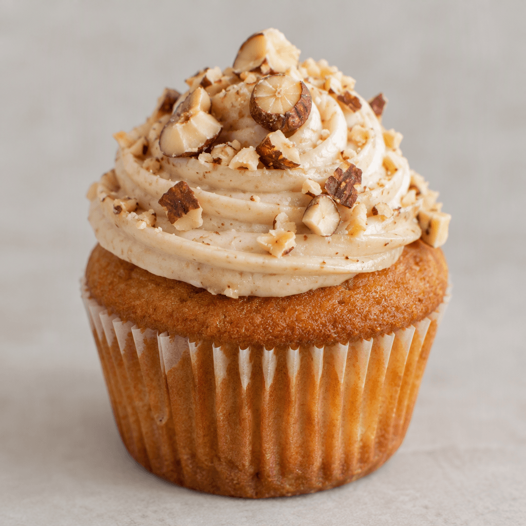 A small golden-brown cupcake with a soft, domed top, finished with a swirl of pale hazelnut-colored frosting and a scattering of chopped hazelnuts.