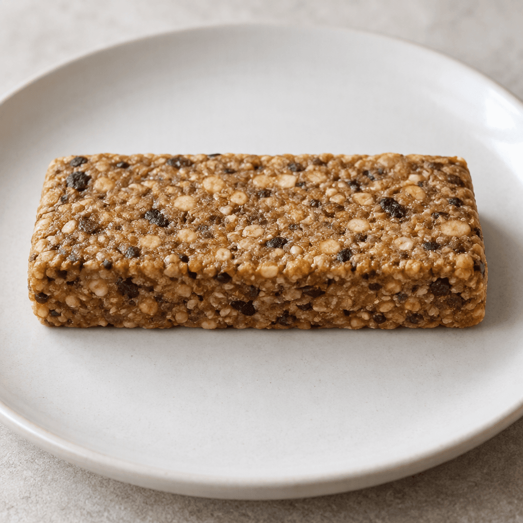 A compact rectangular protein bar with a dense, slightly rough tan-brown surface and small darker flecks, shown whole on a plain plate.