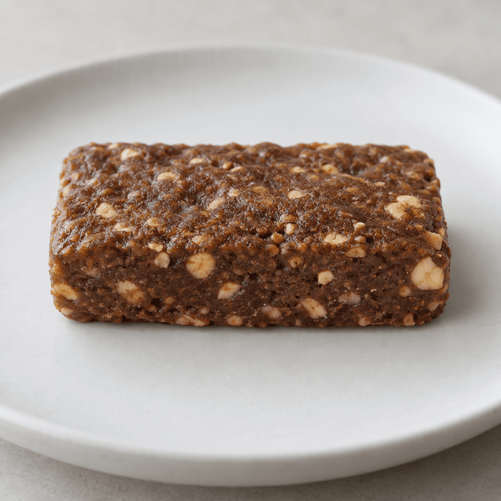 A compact, rectangular brown protein bar with a slightly uneven, dense surface and small pale hazelnut pieces visible throughout, served on a plain plate.